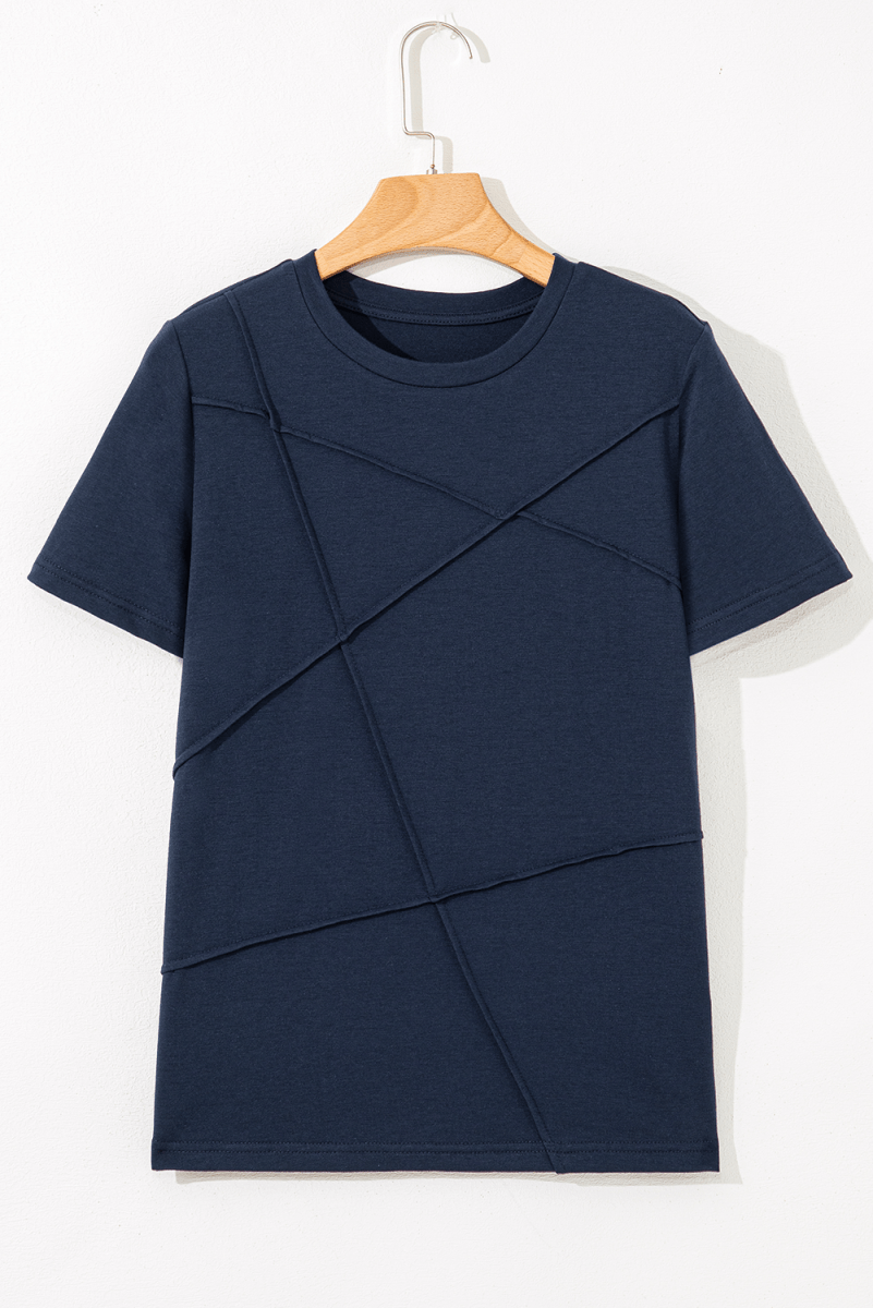 Dirty Blue Solid Color Toothpick Stripe Round Neck T Shirt - Love Salve
